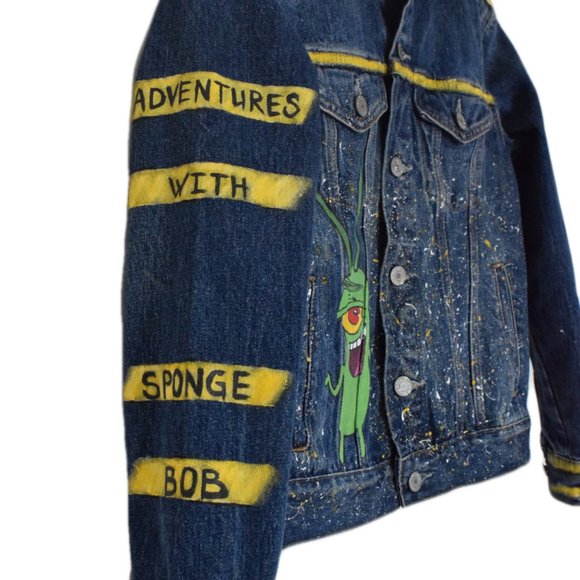 Denim Jacket Sponge Bob Boys L Hand Painted - Picture 3 of 14